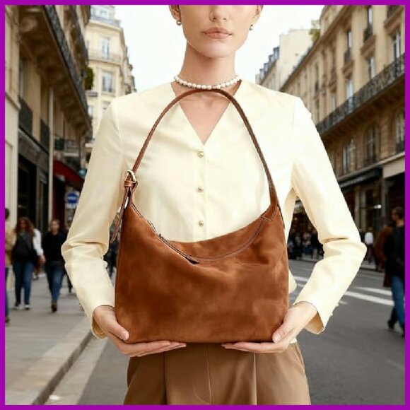 Faux Suede Hobo Bag Medium Size Slouchy Shoulder Purse Vintage Style - Picture 4 of 6